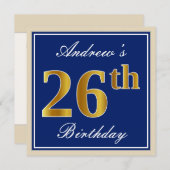 Elegant, blau, Imitate Gold 26. Geburtstag + Name Einladung (Vorne/Hinten)