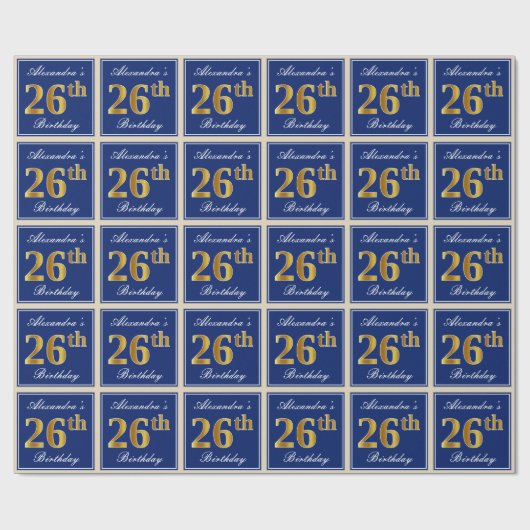 Elegant, blau, Imitate Gold 26. Geburtstag + Name Geschenkpapier (Flach)