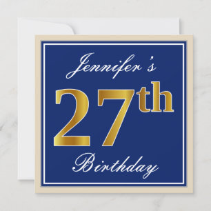 Elegant, blau, Imitate Gold 27. Geburtstag + Name Einladung