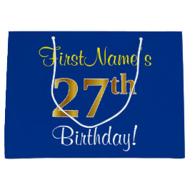 Elegant, blau, Imitate Gold 27. Geburtstag + Name Große Geschenktüte