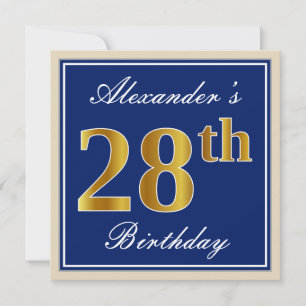 Elegant, blau, Imitate Gold 28. Geburtstag + Name Einladung