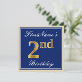 Elegant, blau, Imitate Gold 2. Geburtstag; Individ Einladung (Stehend Vorderseite)