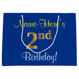Elegant, blau, Imitate Gold 2. Geburtstag; Individ Große Geschenktüte