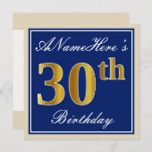 Elegant, blau, Imitate Gold 30. Geburtstag + Name Einladung (Vorne/Hinten)