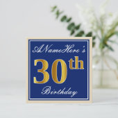 Elegant, blau, Imitate Gold 30. Geburtstag + Name Einladung (Stehend Vorderseite)