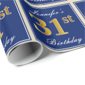 Elegant, blau, Imitate Gold 31. Geburtstag + Name Geschenkpapier (Rolleneckpunkt)