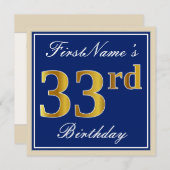 Elegant, blau, Imitate Gold 33. Geburtstag + Name Einladung (Vorne/Hinten)