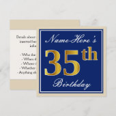 Elegant, Blau, Imitate Gold 35. Geburtstag + Name Einladung (Vorne/Hinten)