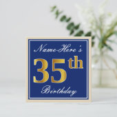 Elegant, Blau, Imitate Gold 35. Geburtstag + Name Einladung (Stehend Vorderseite)