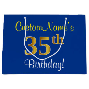 Elegant, blau, Imitate Gold 35. Geburtstag + Name Große Geschenktüte