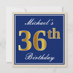 Elegant, blau, Imitate Gold 36. Geburtstag + Name Einladung