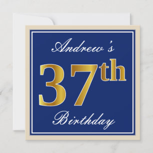 Elegant, blau, Imitate Gold 37. Geburtstag + Name Einladung
