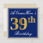 Elegant, blau, Imitate Gold 39. Geburtstag + Name Einladung (Vorne/Hinten)
