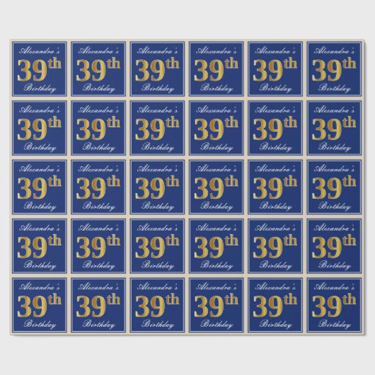 Elegant, blau, Imitate Gold 39. Geburtstag + Name Geschenkpapier (Flach)