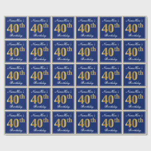 Elegant, blau, Imitate Gold 40. Geburtstag + Name Geschenkpapier