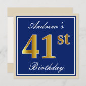 Elegant, blau, Imitate Gold 41. Geburtstag + Name Einladung (Vorne/Hinten)