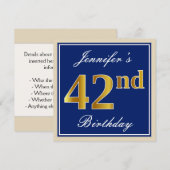 Elegant, blau, Imitate Gold 42. Geburtstag + Name Einladung (Vorne/Hinten)