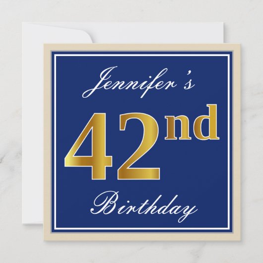 Elegant, blau, Imitate Gold 42. Geburtstag + Name Einladung (Vorderseite)