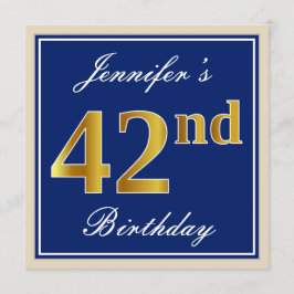 Elegant, blau, Imitate Gold 42. Geburtstag + Name Einladung