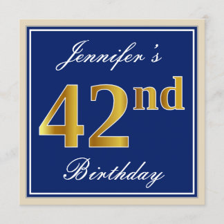 Elegant, blau, Imitate Gold 42. Geburtstag + Name Einladung