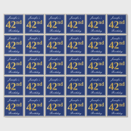 Elegant, blau, Imitate Gold 42. Geburtstag + Name Geschenkpapier (Flach)