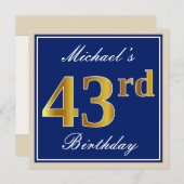 Elegant, blau, Imitate Gold 43. Geburtstag + Name Einladung (Vorne/Hinten)