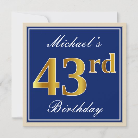 Elegant, blau, Imitate Gold 43. Geburtstag + Name Einladung (Vorderseite)