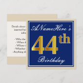 Elegant, blau, Imitate Gold 44. Geburtstag + Name Einladung (Vorne/Hinten)