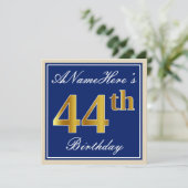Elegant, blau, Imitate Gold 44. Geburtstag + Name Einladung (Stehend Vorderseite)