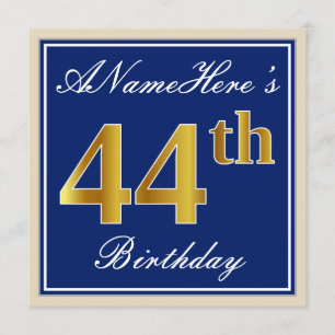 Elegant, blau, Imitate Gold 44. Geburtstag + Name Einladung