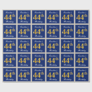 Elegant, blau, Imitate Gold 44. Geburtstag + Name Geschenkpapier