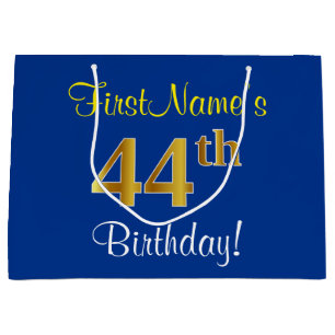 Elegant, blau, Imitate Gold 44. Geburtstag + Name Große Geschenktüte