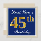 Elegant, blau, Imitate Gold 45. Geburtstag + Name Einladung (Vorne/Hinten)