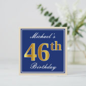 Elegant, blau, Imitate Gold 46. Geburtstag + Name Einladung (Stehend Vorderseite)