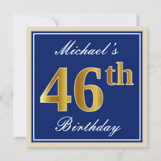 Elegant, blau, Imitate Gold 46. Geburtstag + Name Einladung