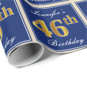 Elegant, blau, Imitate Gold 46. Geburtstag + Name Geschenkpapier (Rolleneckpunkt)