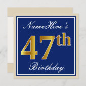 Elegant, blau, Imitate Gold 47. Geburtstag + Name Einladung (Vorne/Hinten)