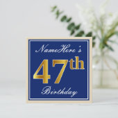 Elegant, blau, Imitate Gold 47. Geburtstag + Name Einladung (Stehend Vorderseite)