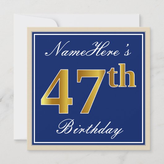 Elegant, blau, Imitate Gold 47. Geburtstag + Name Einladung (Vorderseite)