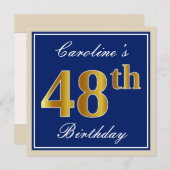 Elegant, blau, Imitate Gold 48. Geburtstag + Name Einladung (Vorne/Hinten)