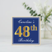 Elegant, blau, Imitate Gold 48. Geburtstag + Name Einladung (Stehend Vorderseite)