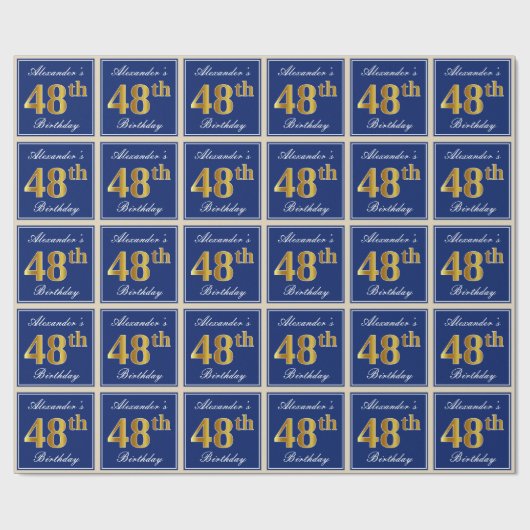 Elegant, blau, Imitate Gold 48. Geburtstag + Name Geschenkpapier (Flach)