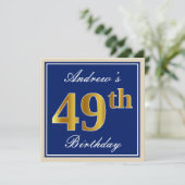 Elegant, blau, Imitate Gold 49. Geburtstag + Name Einladung (Stehend Vorderseite)