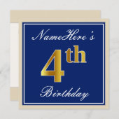 Elegant, blau, Imitate Gold 4. Geburtstag; Individ Einladung (Vorne/Hinten)