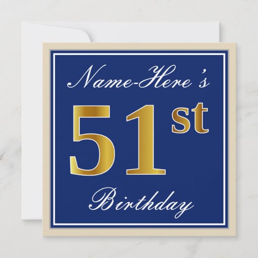 Elegant, blau, Imitate Gold 51. Geburtstag + Name Einladung (Vorderseite)