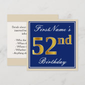 Elegant, blau, Imitate Gold 52. Geburtstag + Name Einladung (Vorne/Hinten)