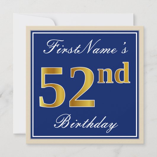 Elegant, blau, Imitate Gold 52. Geburtstag + Name Einladung (Vorderseite)