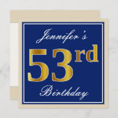 Elegant, blau, Imitate Gold 53. Geburtstag + Name Einladung (Vorne/Hinten)