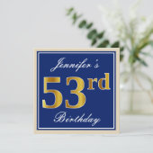 Elegant, blau, Imitate Gold 53. Geburtstag + Name Einladung (Stehend Vorderseite)