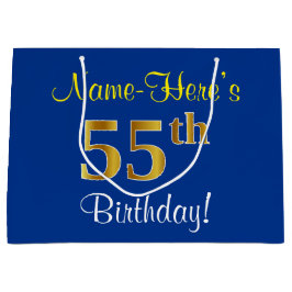 Elegant, blau, Imitate Gold 55. Geburtstag + Name Große Geschenktüte